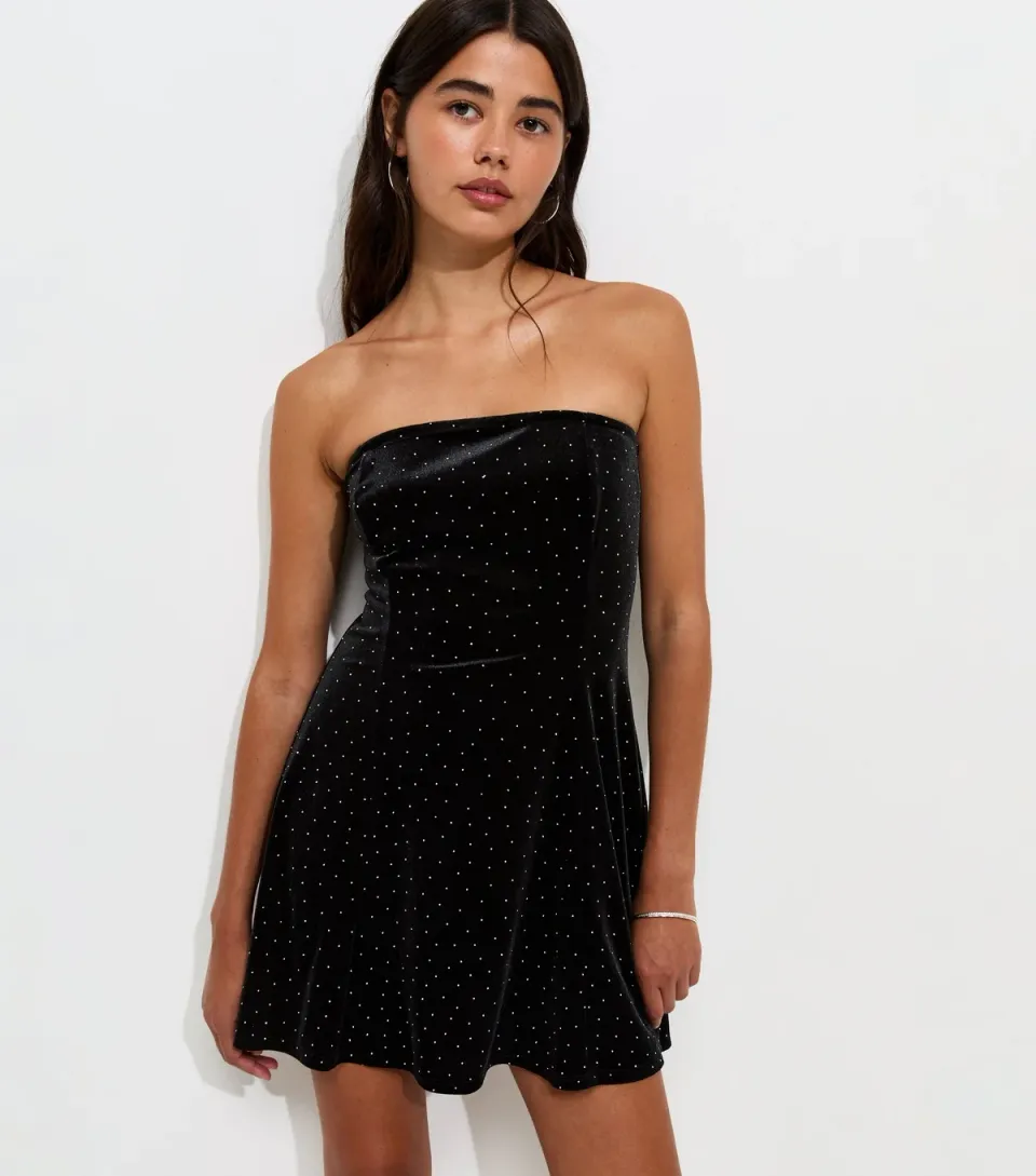 Women's Black Gem Embellished Velvet Bandeau Mini Dress