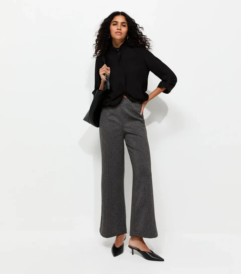 Women's Grey Check Jersey Wide Leg Trousers