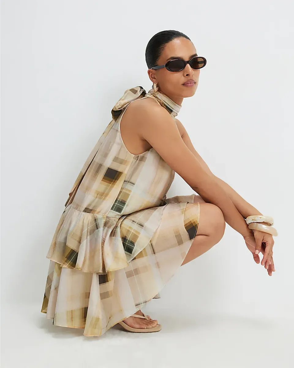 Petite Muted Check Halter Swing Dress