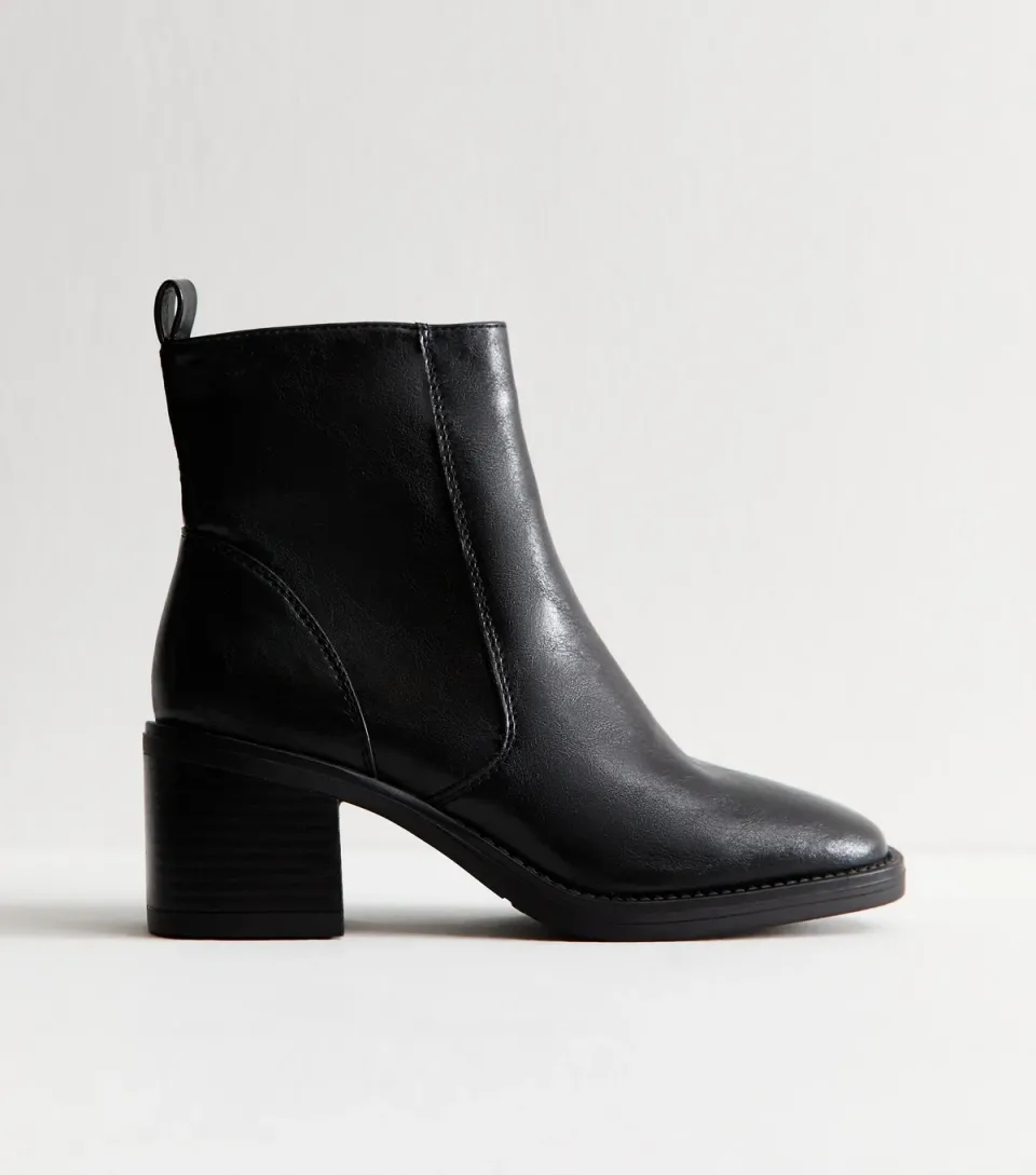Women's Black Faux Leather Block Heel Ankle Boots Vegan