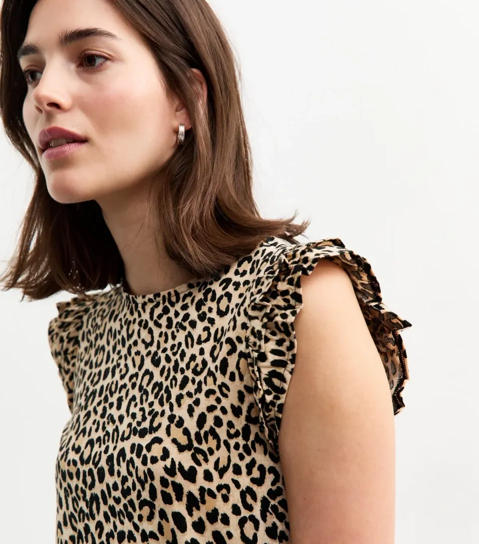 Women's Brown Leopard Print Frill Trimmed Vest