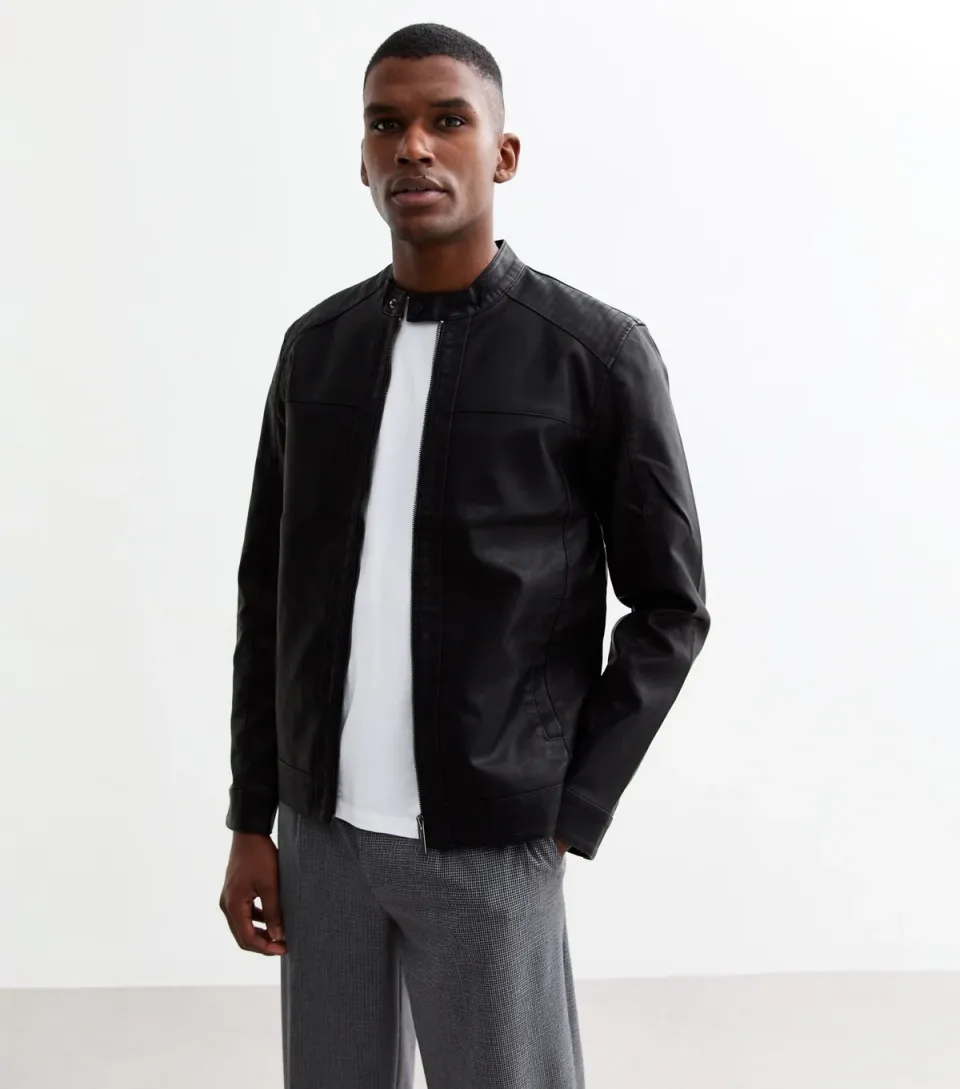 Men's Black Regular Faux Leather Jacket