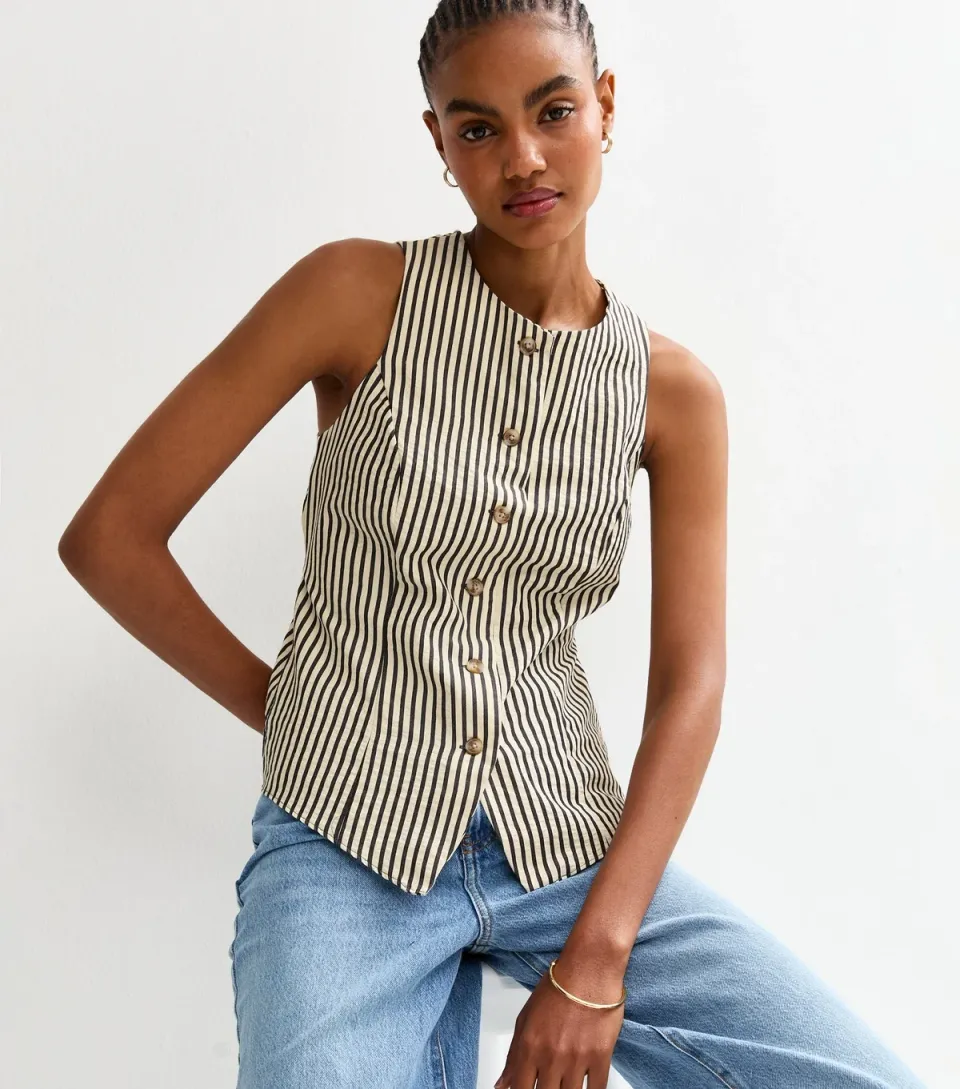 Women's Tall Black Stripe Crew Neck Waistcoat