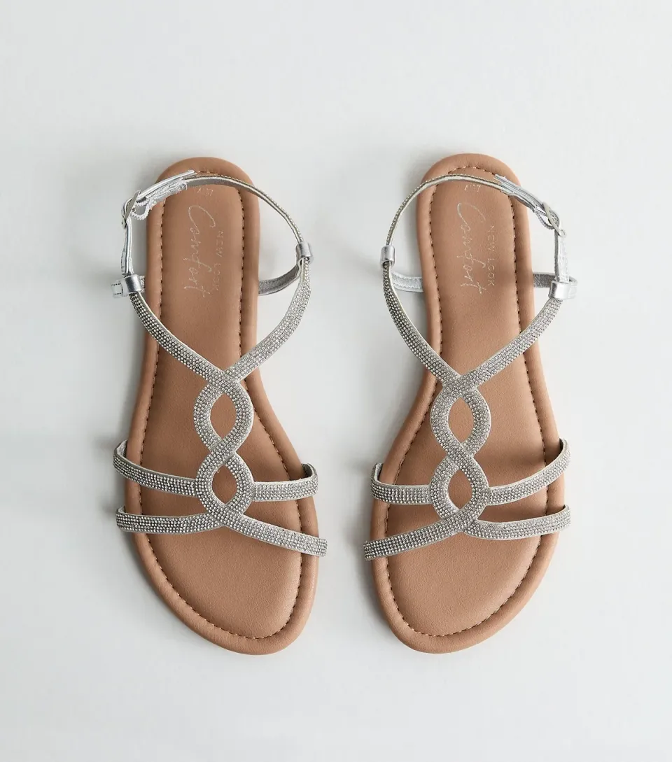 Women's Silver Embellished Round Toe Sandals Vegan