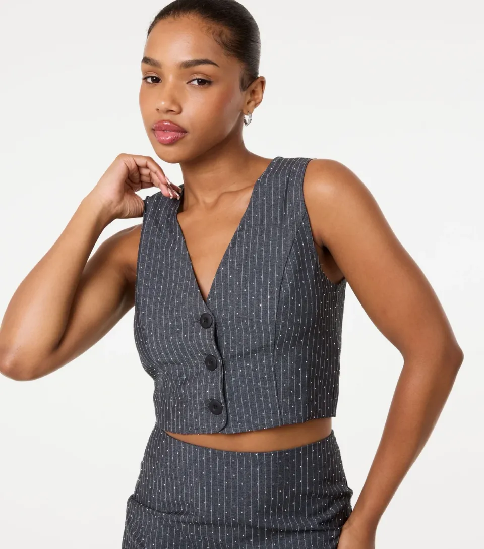 Women's Grey Striped Diamante Embellished Waistcoat