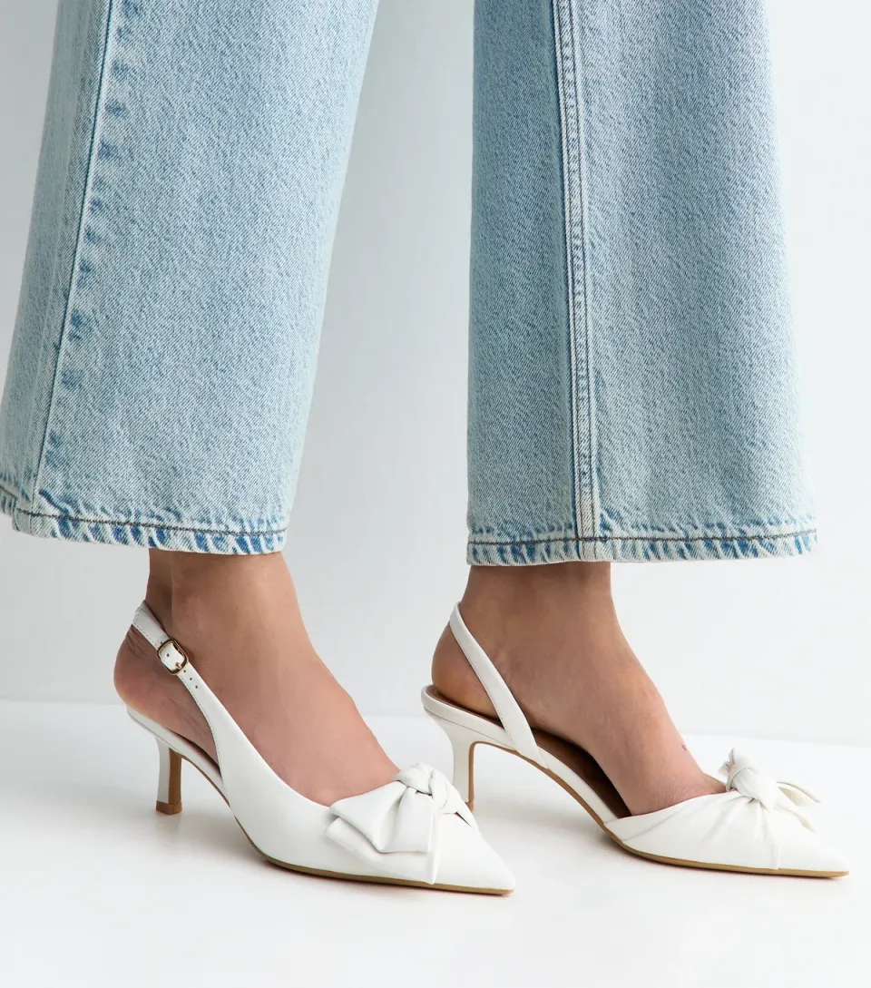 Women's White Faux Leather Bow Slingback Court Shoes Vegan