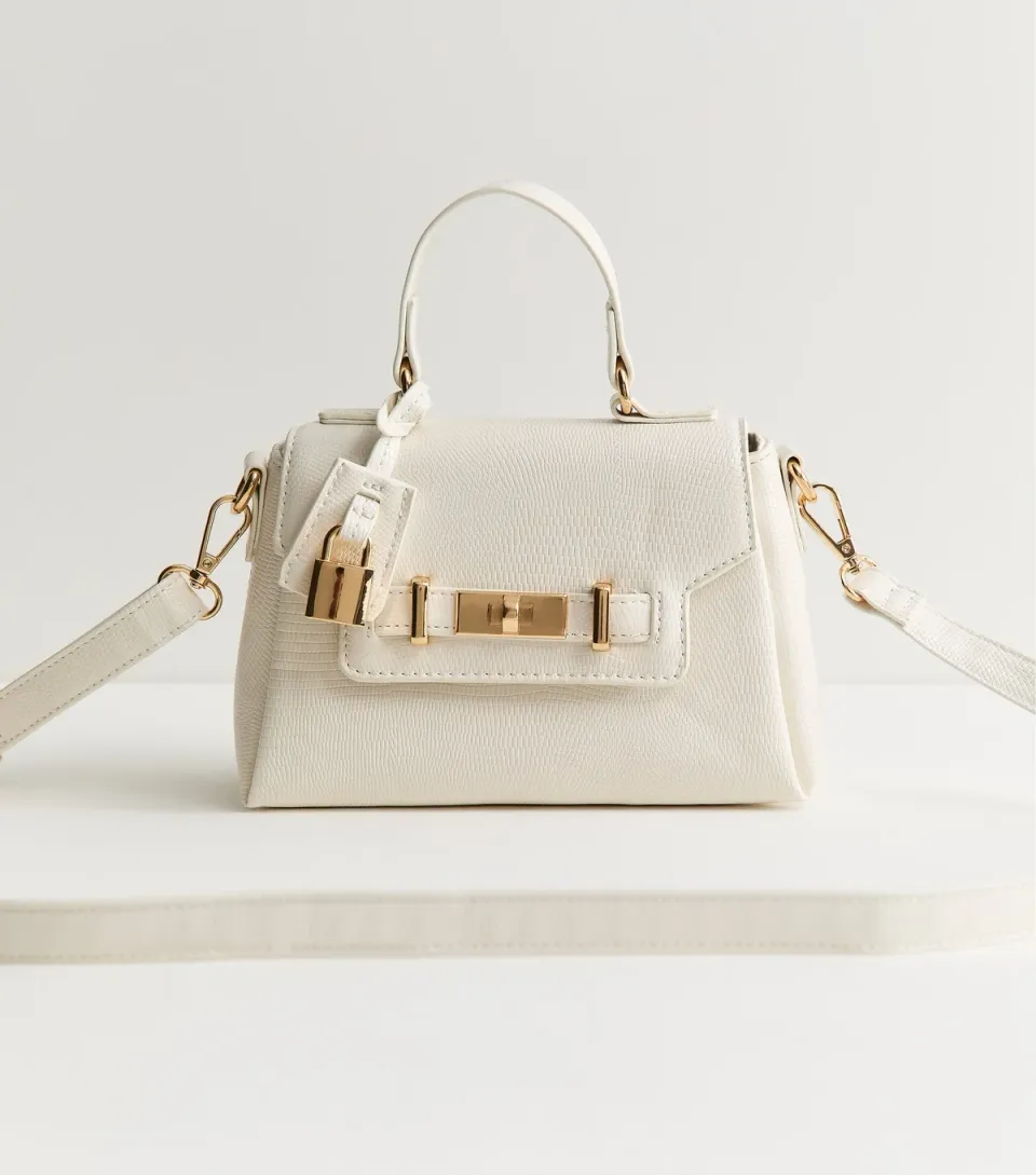White Faux Leather Textured Lizard Effect Mini Crossbody Bag Vegan