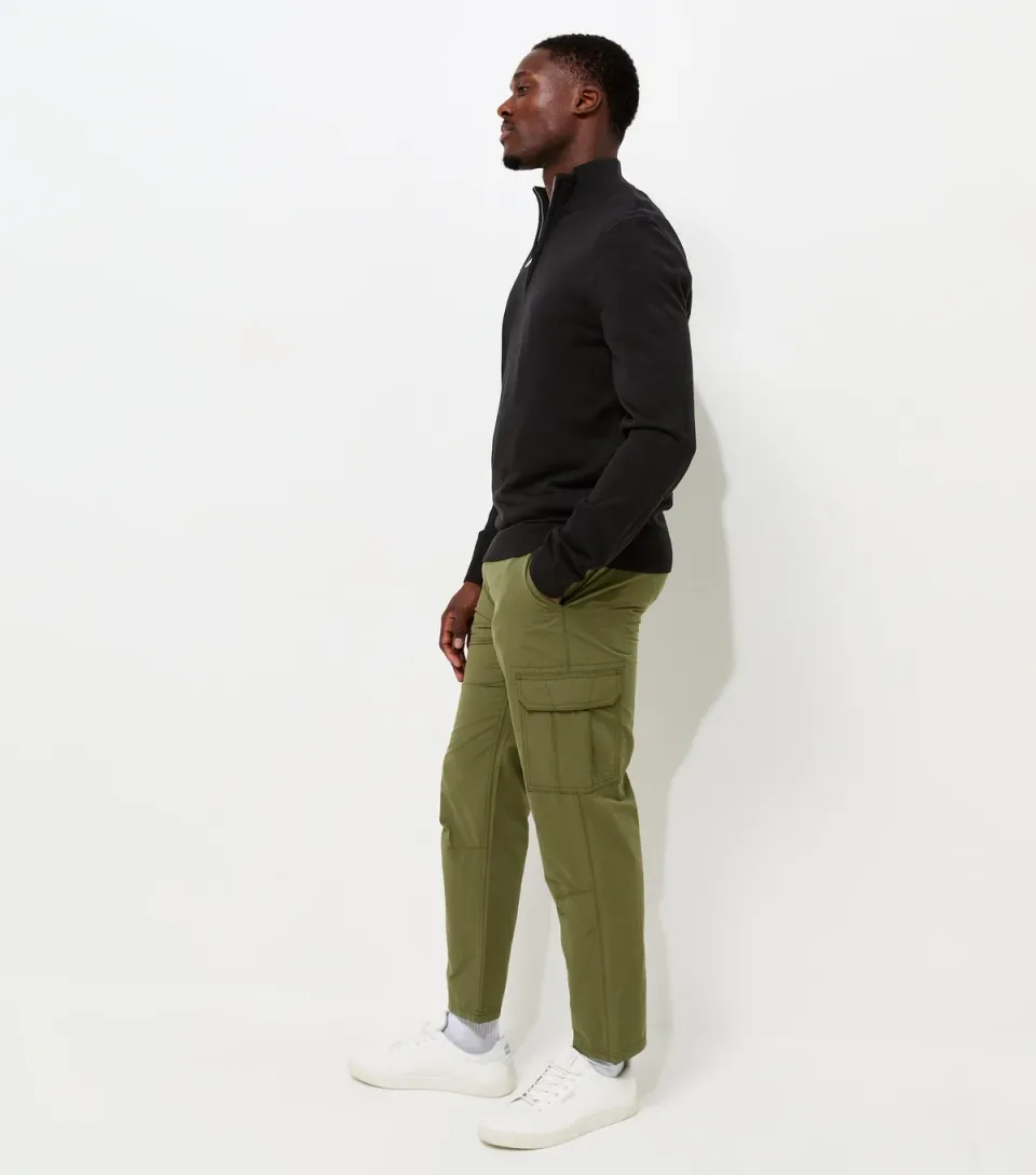 Men's Dark Khaki Cotton Slim Fit Tapered Leg Cargo Trousers