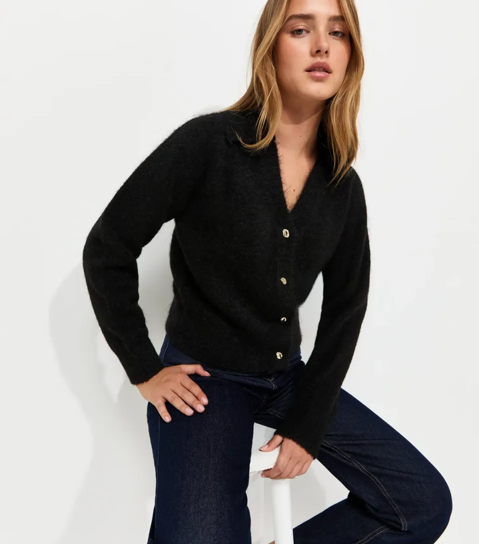 Women's Black Collared V-Neck Knitted Cardigan