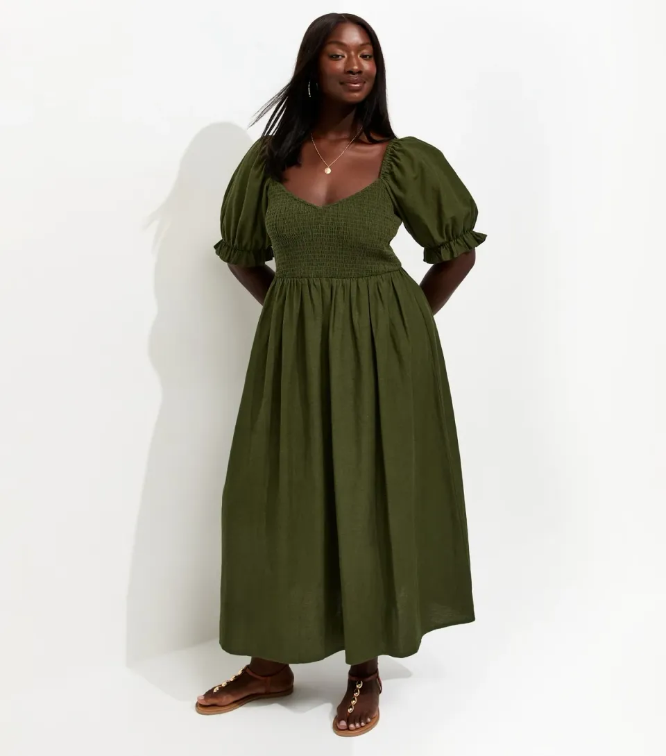 Women's Plus Size Dark Burgundy With Cotton Shirred Bodice Puff Sleeve Midi Dress Curves