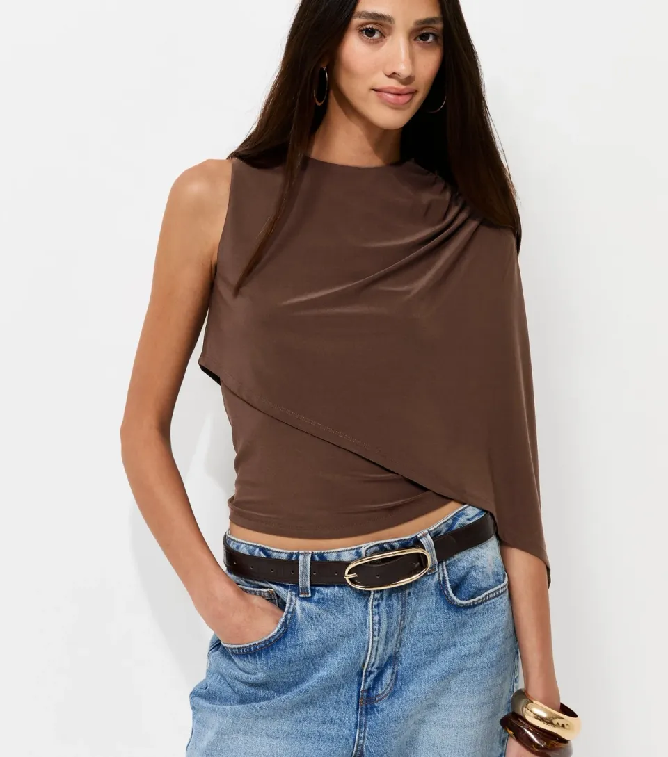 Women's Dark Brown Jersey One Shoulder Cape Sleeve Top