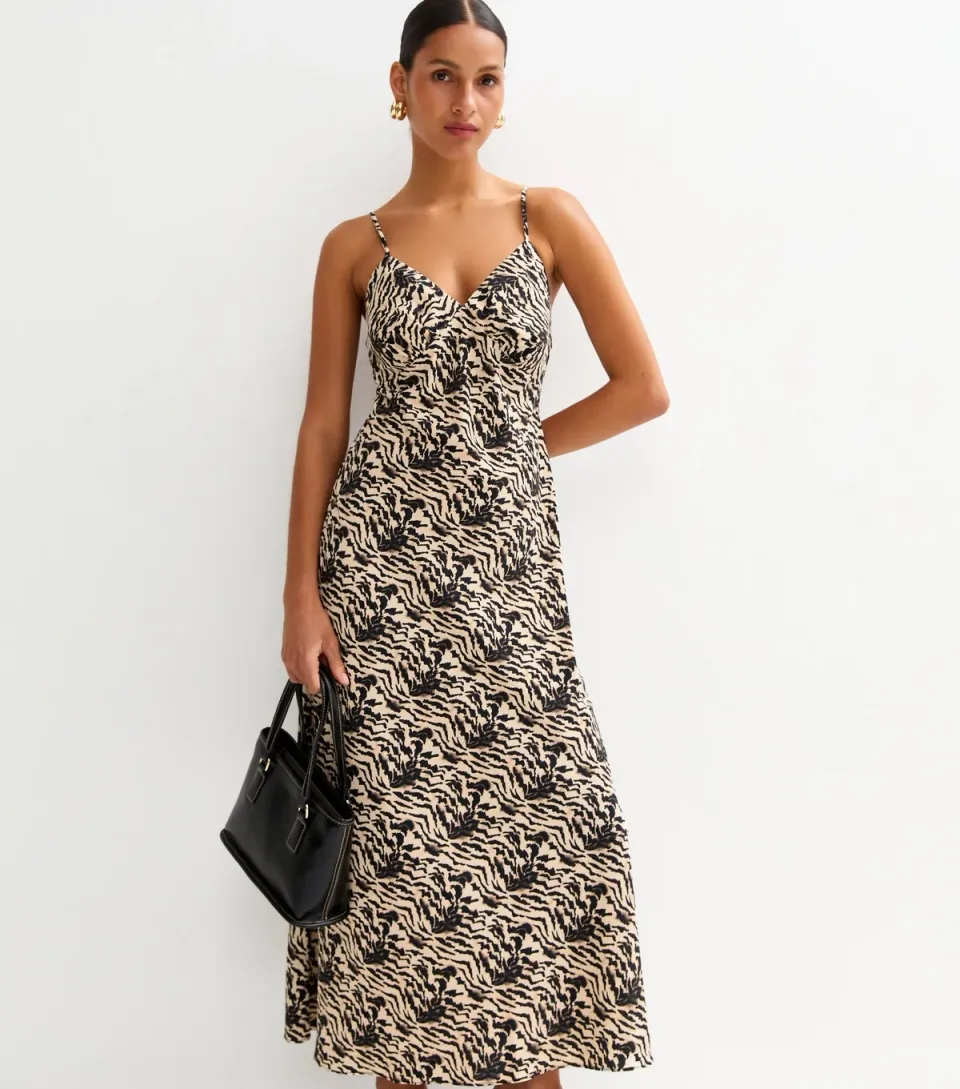 Women's Cream Pattern Print V-Neck Midi Dress