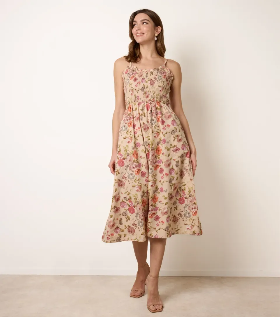 Women's Yellow Cotton Floral Shirred Midi Dress