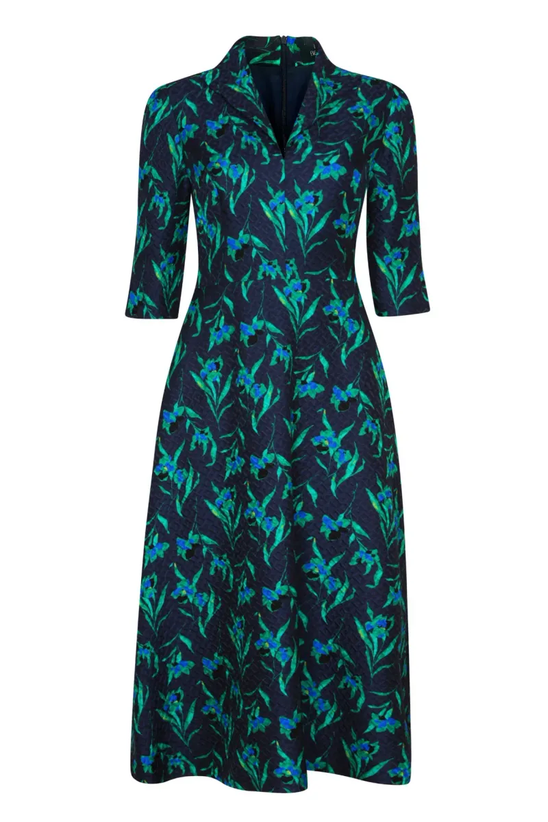 Naomi Dress in Navy/Green Iris Print
