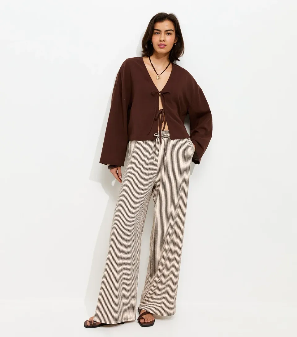 Women's Brown Thin Stripe Crinkle Texture Wide Leg Trousers