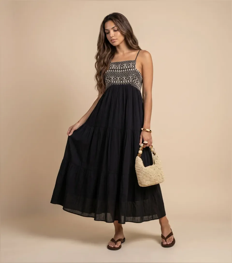 Women's Black Cotton Embroidered Panel Gauze Dress