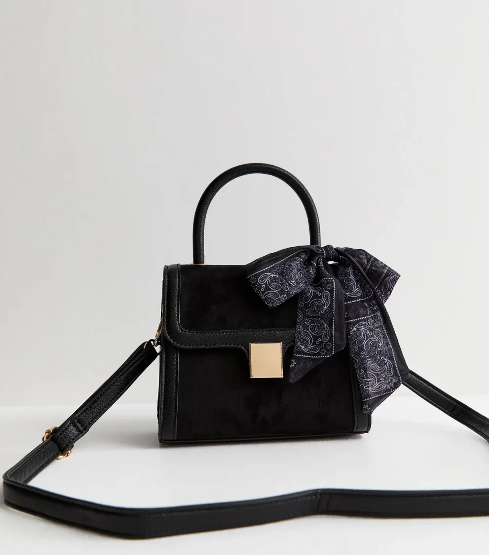 Black Faux Suede Scarf Trim Top Handle Bag Vegan