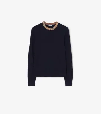 Check Trim Wool Sweater in Navy