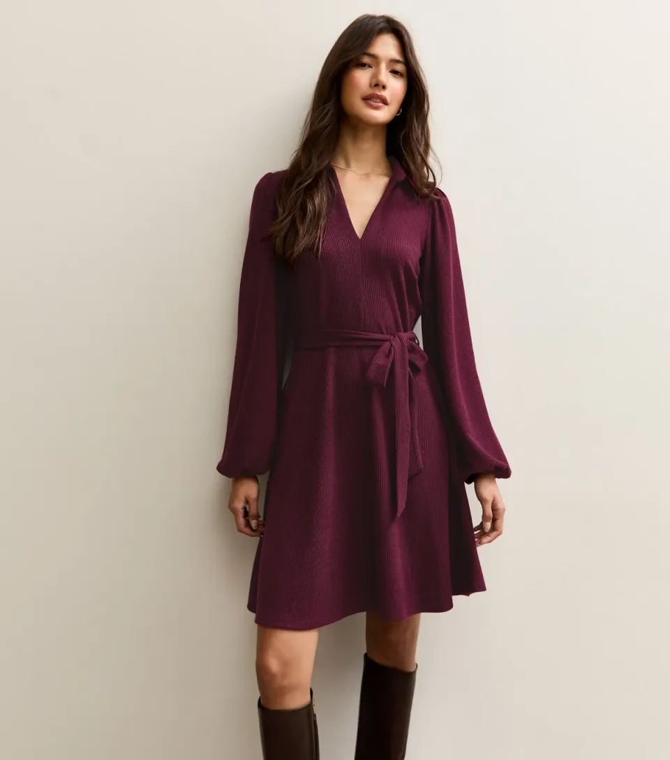 Women's Dark Burgundy Crinkled Long Sleeve Mini Dress