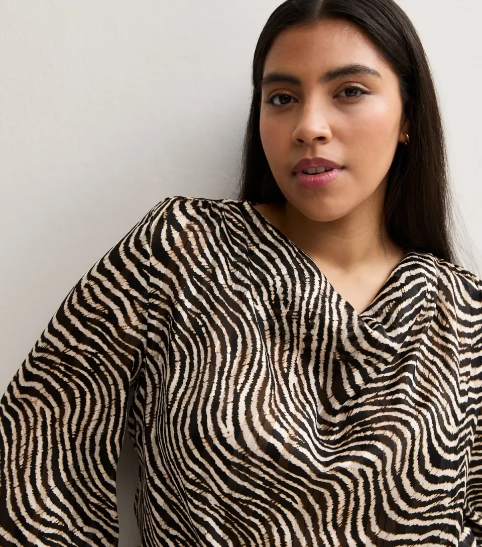 Women's Plus Size Black Zebra Print Cowl Neck Blouse Curves