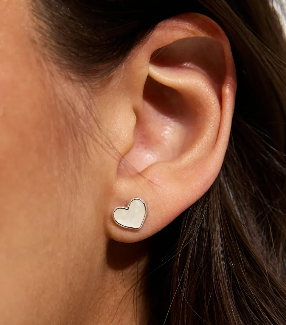 Silver Tone White Mini Heart Stud Earrings