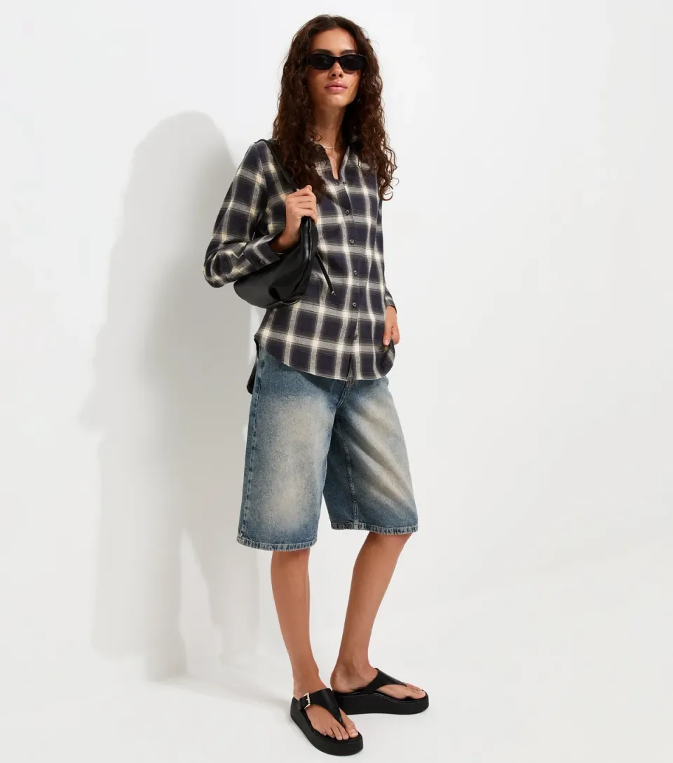 Women's Blue Cotton Checked Long Sleeve Shirt