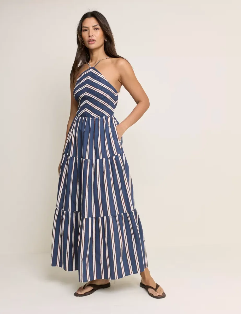 Pure Cotton Striped Midaxi Tiered Dress Blue Mix