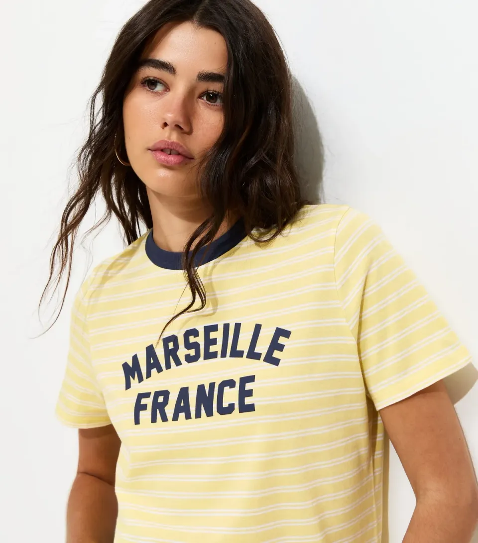 Women's Yellow Cotton Striped Marseille Print Relaxed T-Shirt