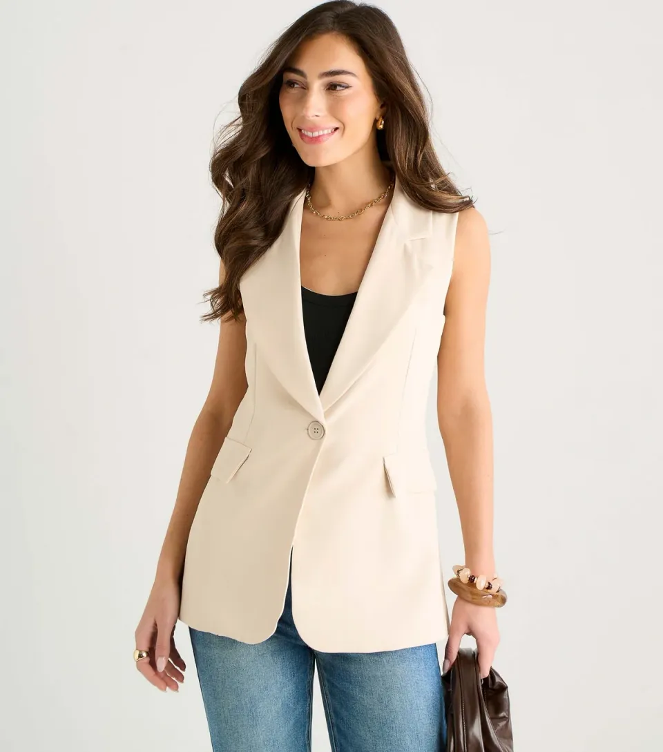 Women's Oatmeal Tailored Sleeveless Blazer