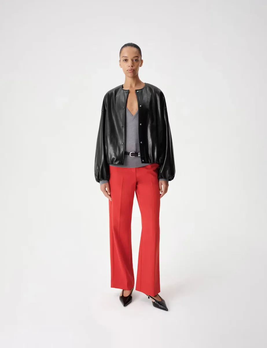 Faux Leather Bubble Hem Bomber Jacket Black