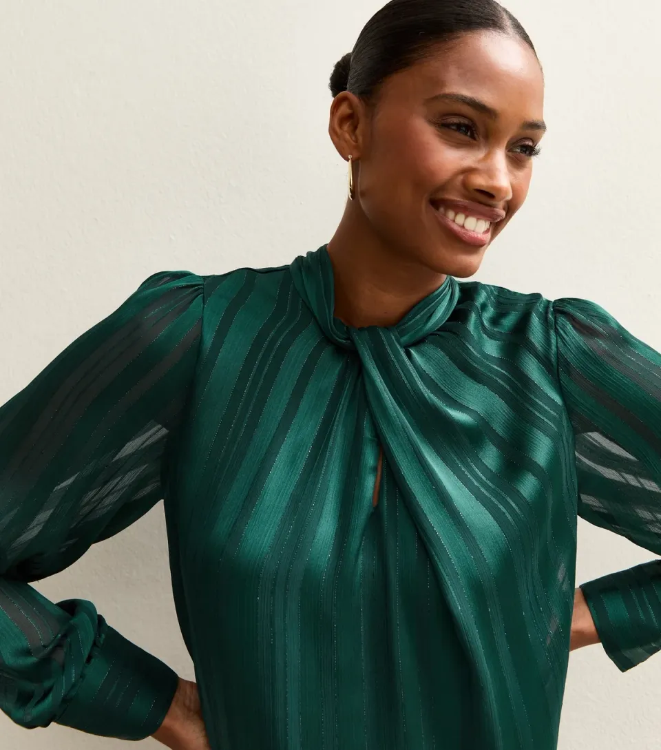 Women's Dark Green Metallic Stripe High Neck Blouse