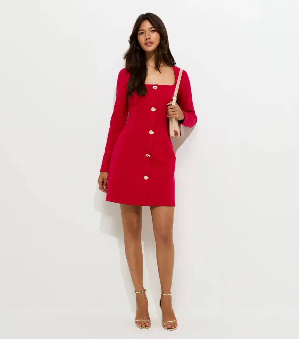 Women's Bright Red Square Neck Long Sleeve Mini Dress