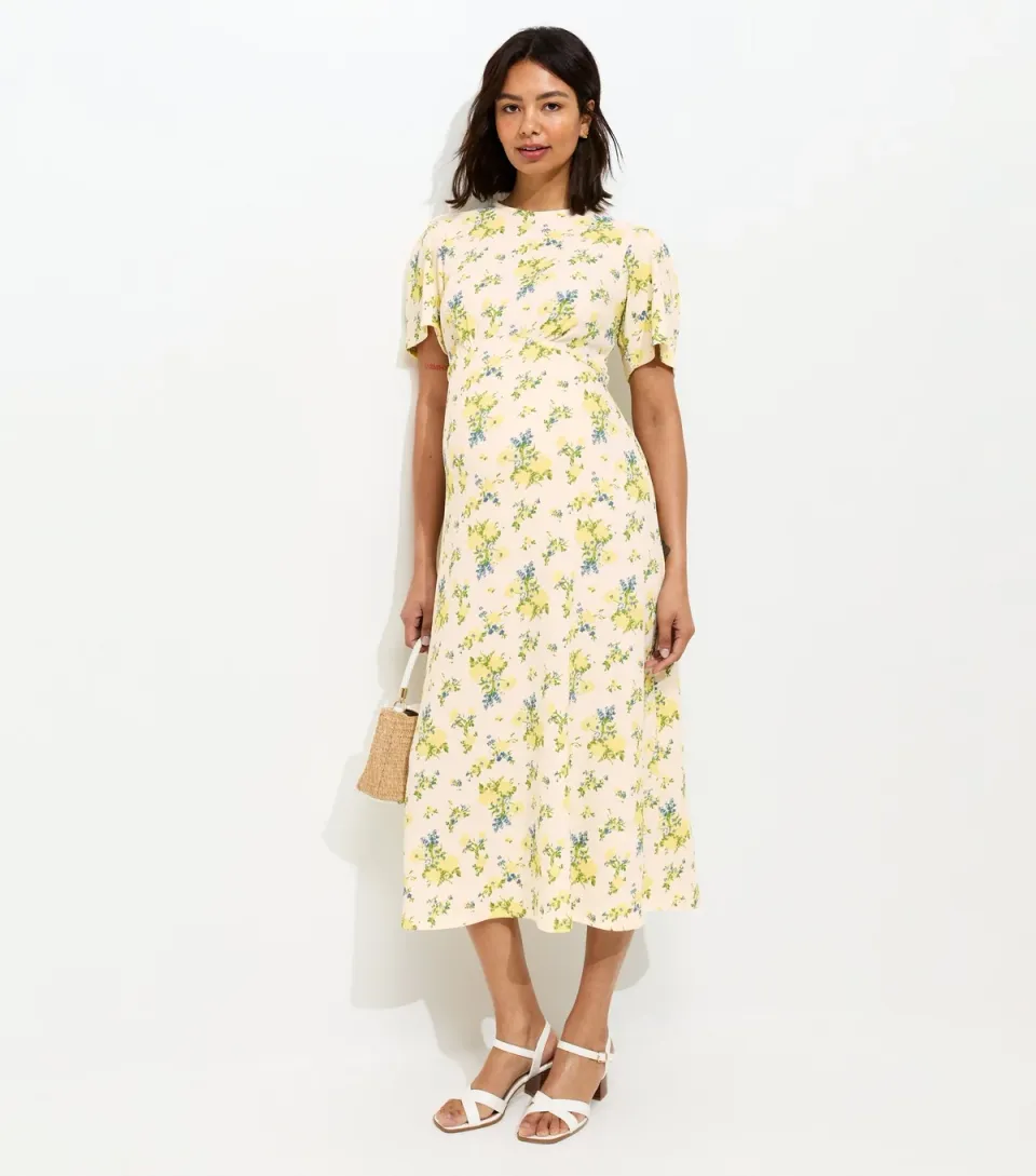 Women's Maternity Yellow Floral Print Short Sleeve Midi Dress