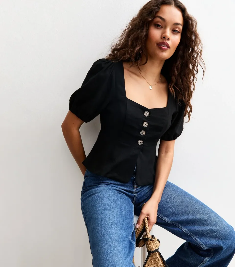 Women's Petite Black Button Up Square Neck Peplum Top