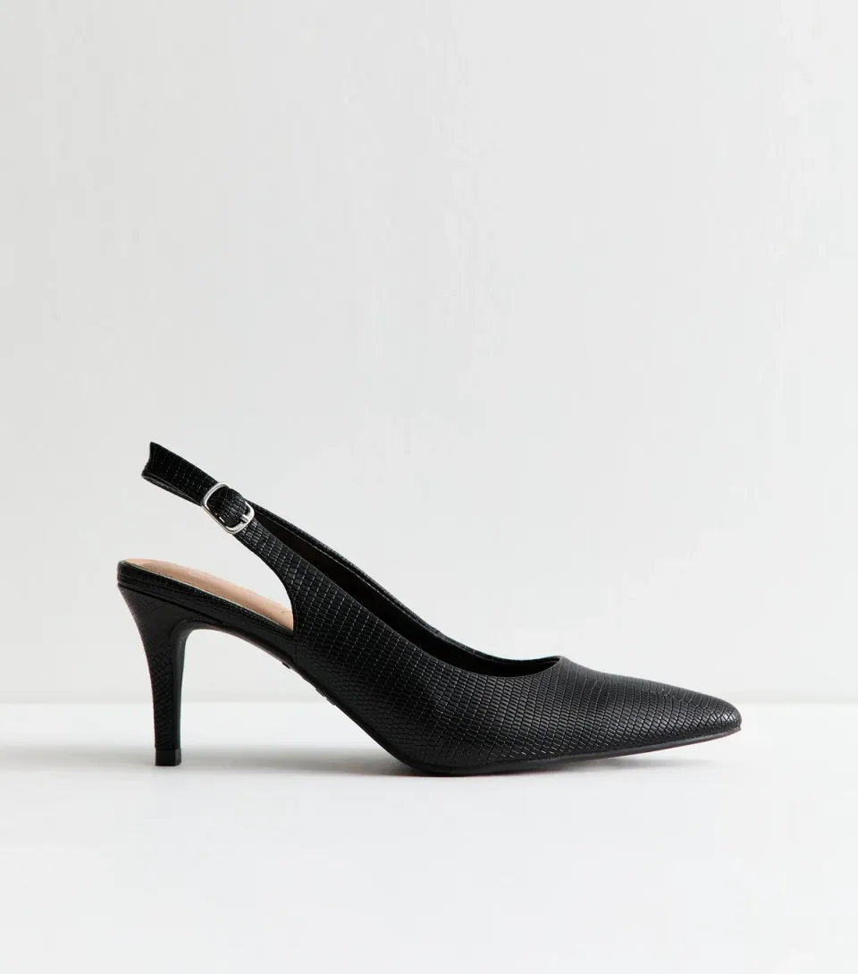 Women's Black Snake Effect Leather Look Slingback Court Shoes Vegan
