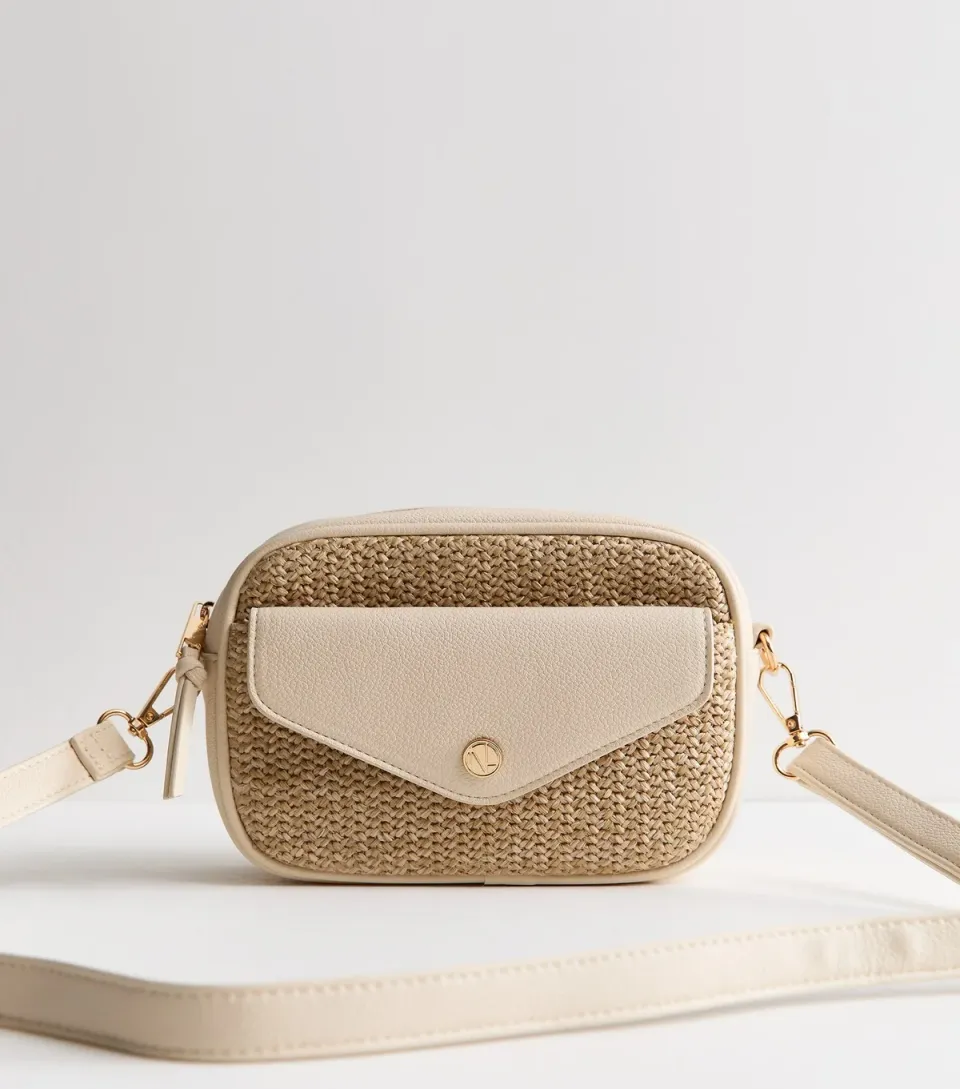 Cream Raffia Pocket Front Crossbody Bag