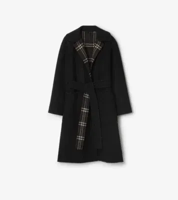 Reversible Wool Wrap Coat in Black/snug brown