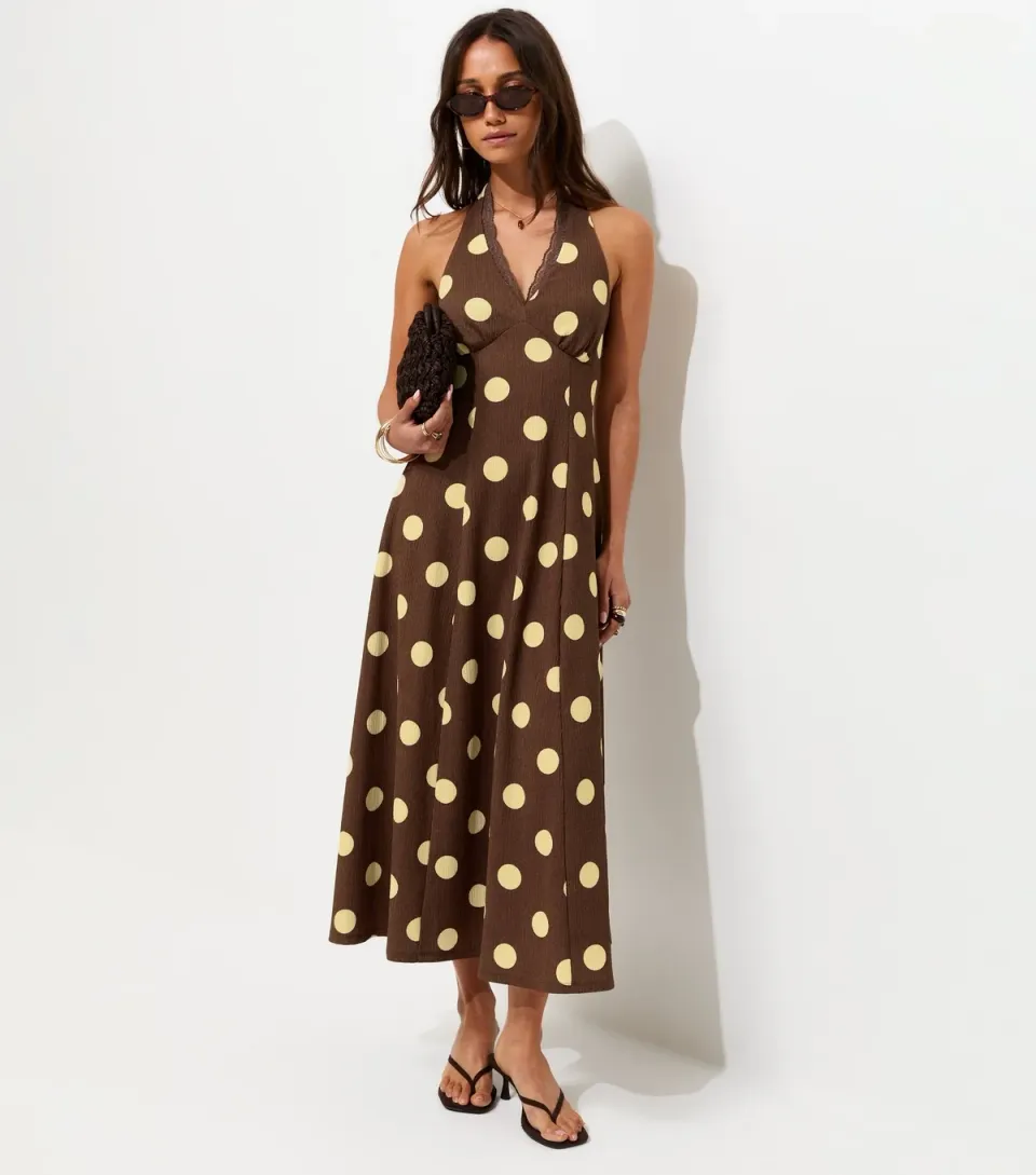 Women's Dark Brown Polka Dot Halter Neck Midi Dress