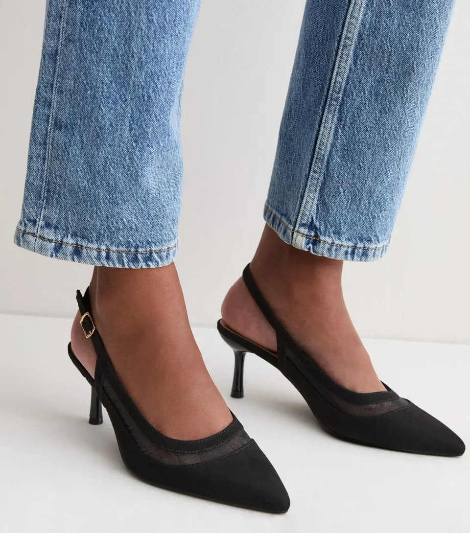 Women's Black Faux Suede Mesh Cut Out Slingback Pumps Vegan