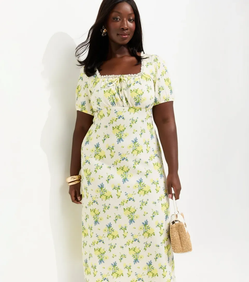 Women's Plus Size Yellow Floral Print Milkmaid Lace Trim Midi Dress Curves