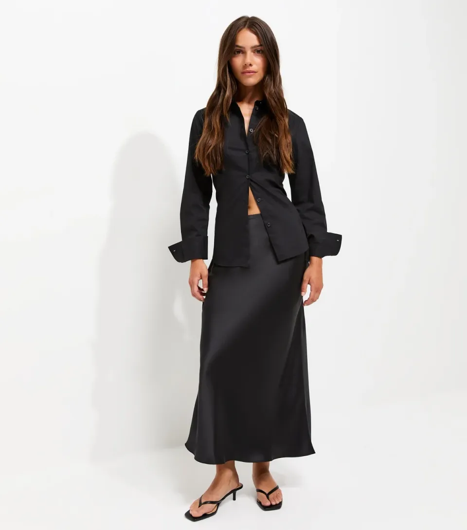Women's Petite Black Satin Bias Cut Midi Skirt