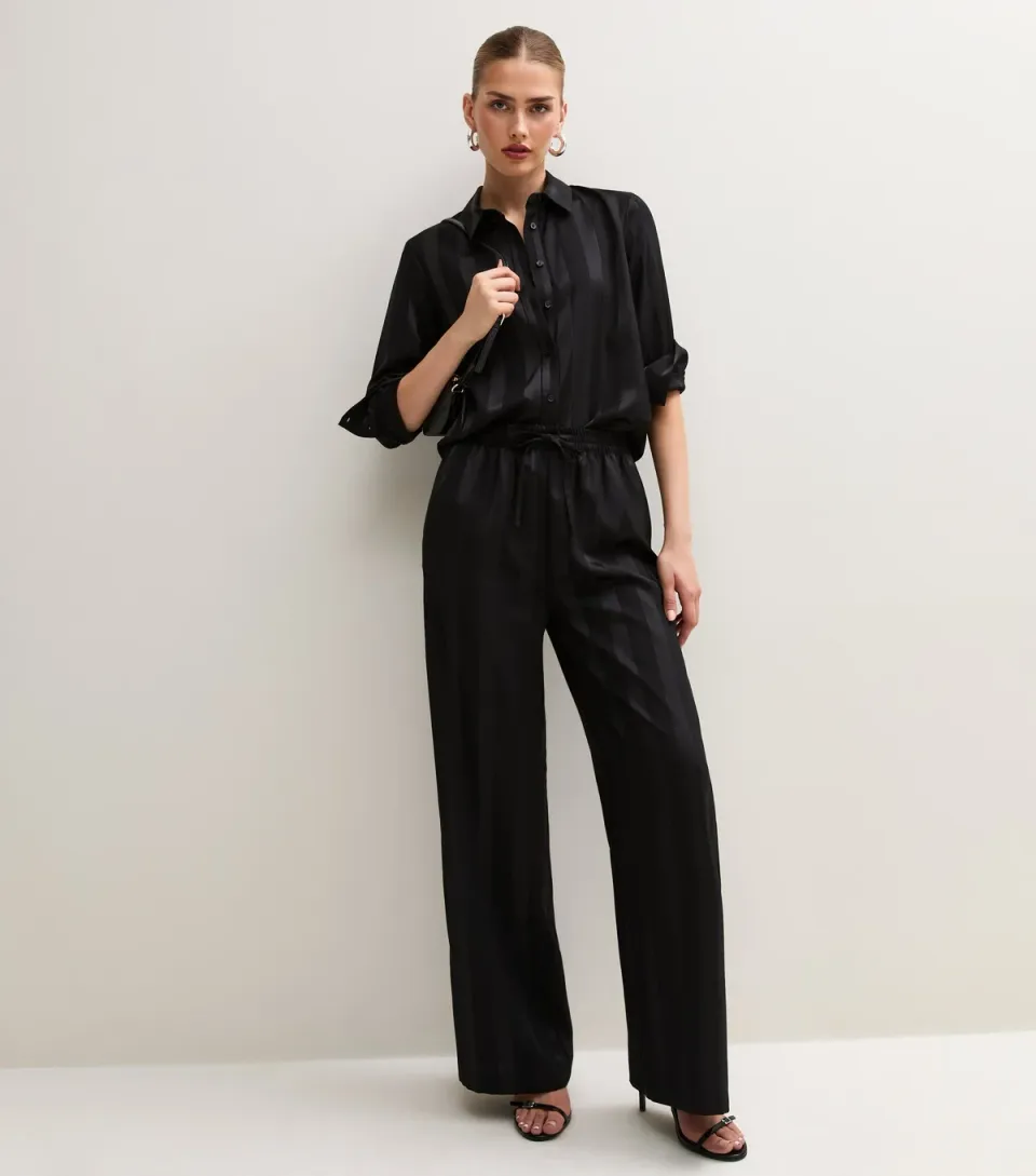Women's Black Satin Striped Wide Leg Trousers