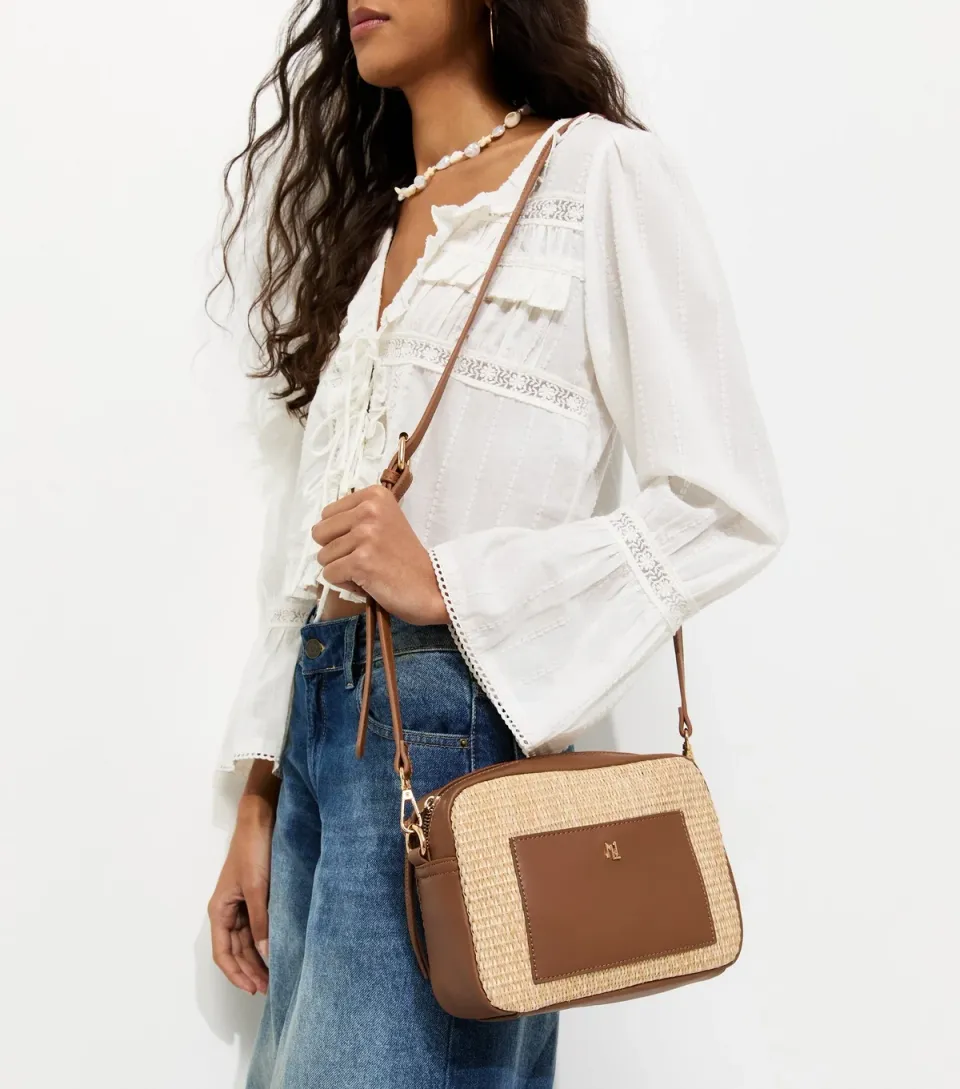 Stone Woven Patch Pocket Crossbody Bag
