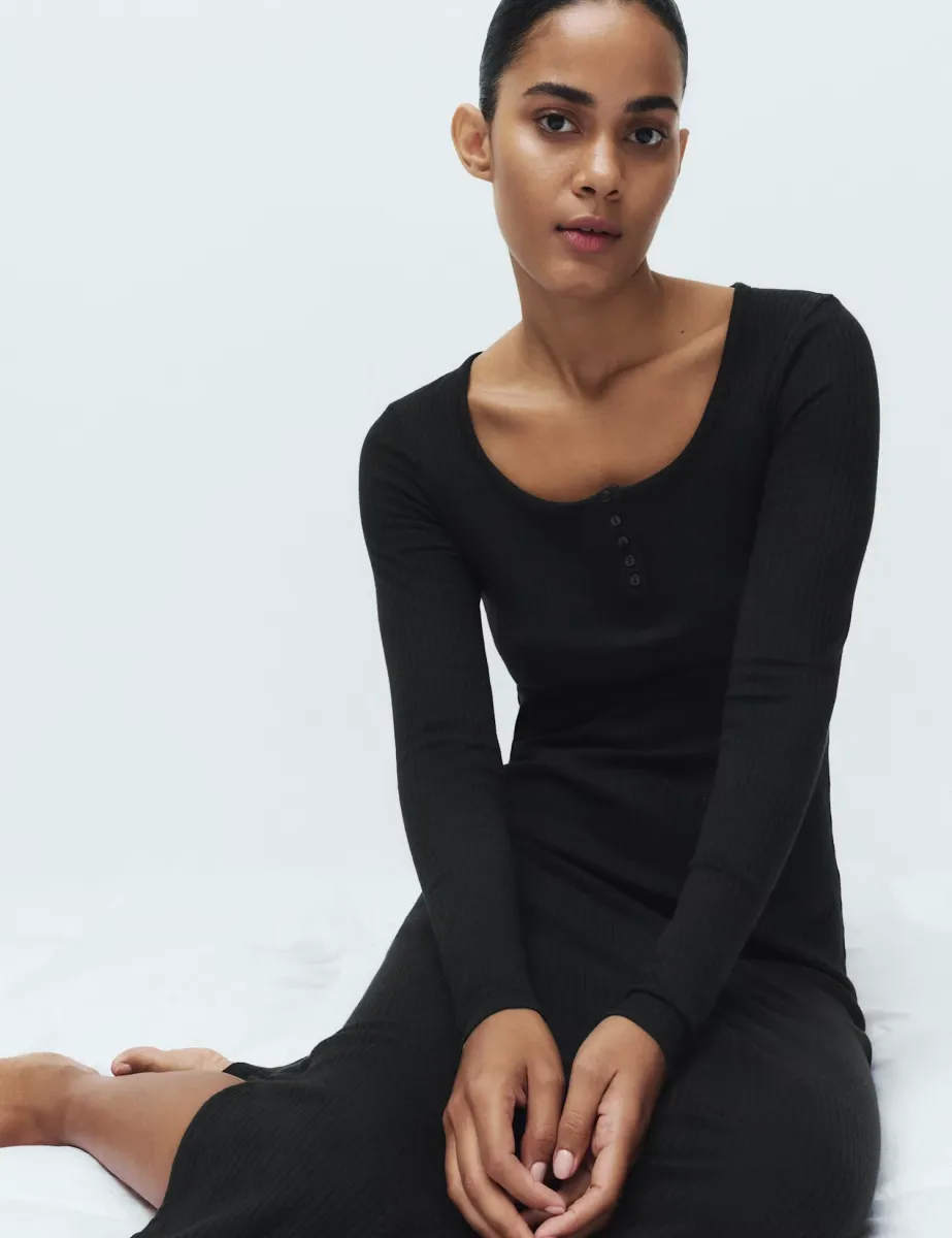 Cotton Modal Henley Long Nightdress Black