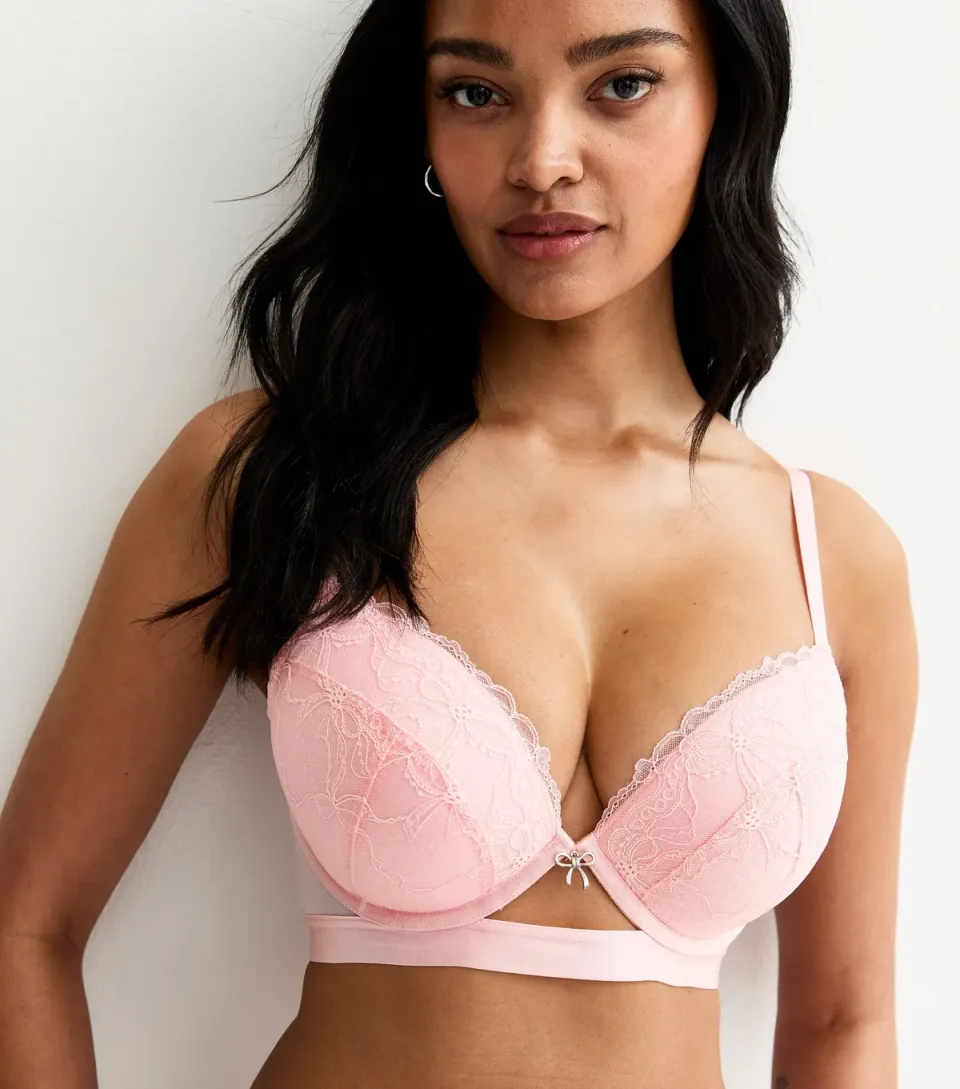 Women's Light Pink DD+ Bow Lace Plunge Bra