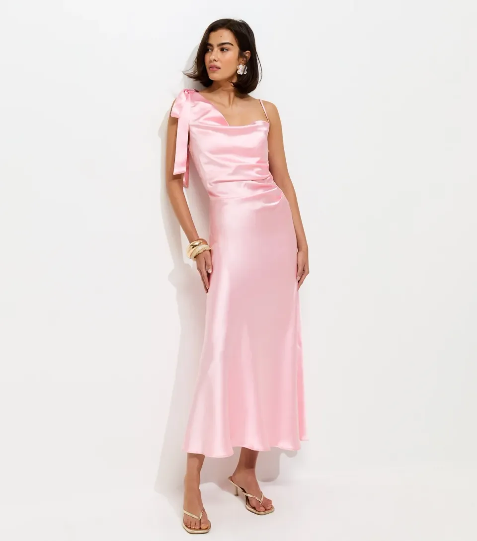 Women's Light Pink Satin Draped Shoulder Bow Midi Dress
