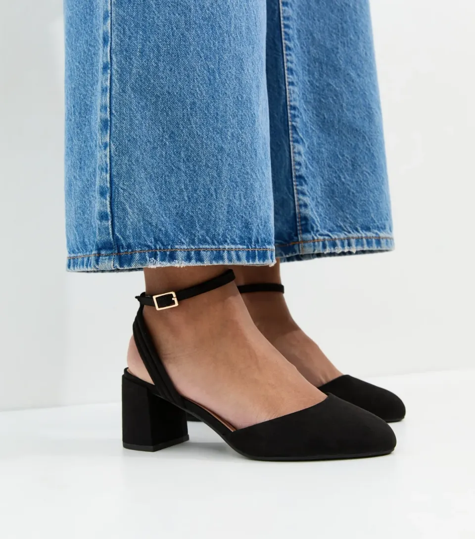 Women's Wide Fit Navy Faux Suede Block Heel Sandals Vegan