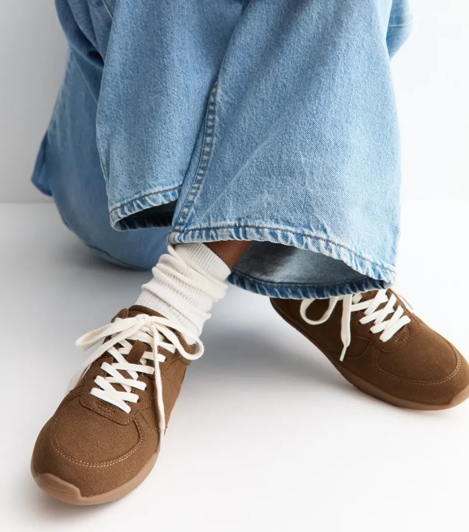 Women's Tan Faux Brushed Leather Contrast Lace Trainers Vegan