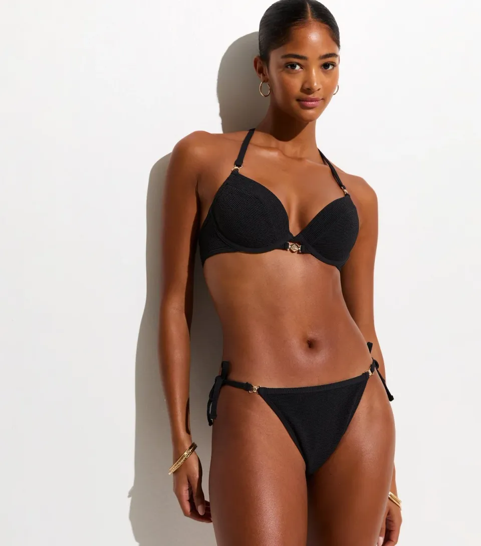 Women's Black Crinkled Shell Trim Side Tie Bikini Bottoms