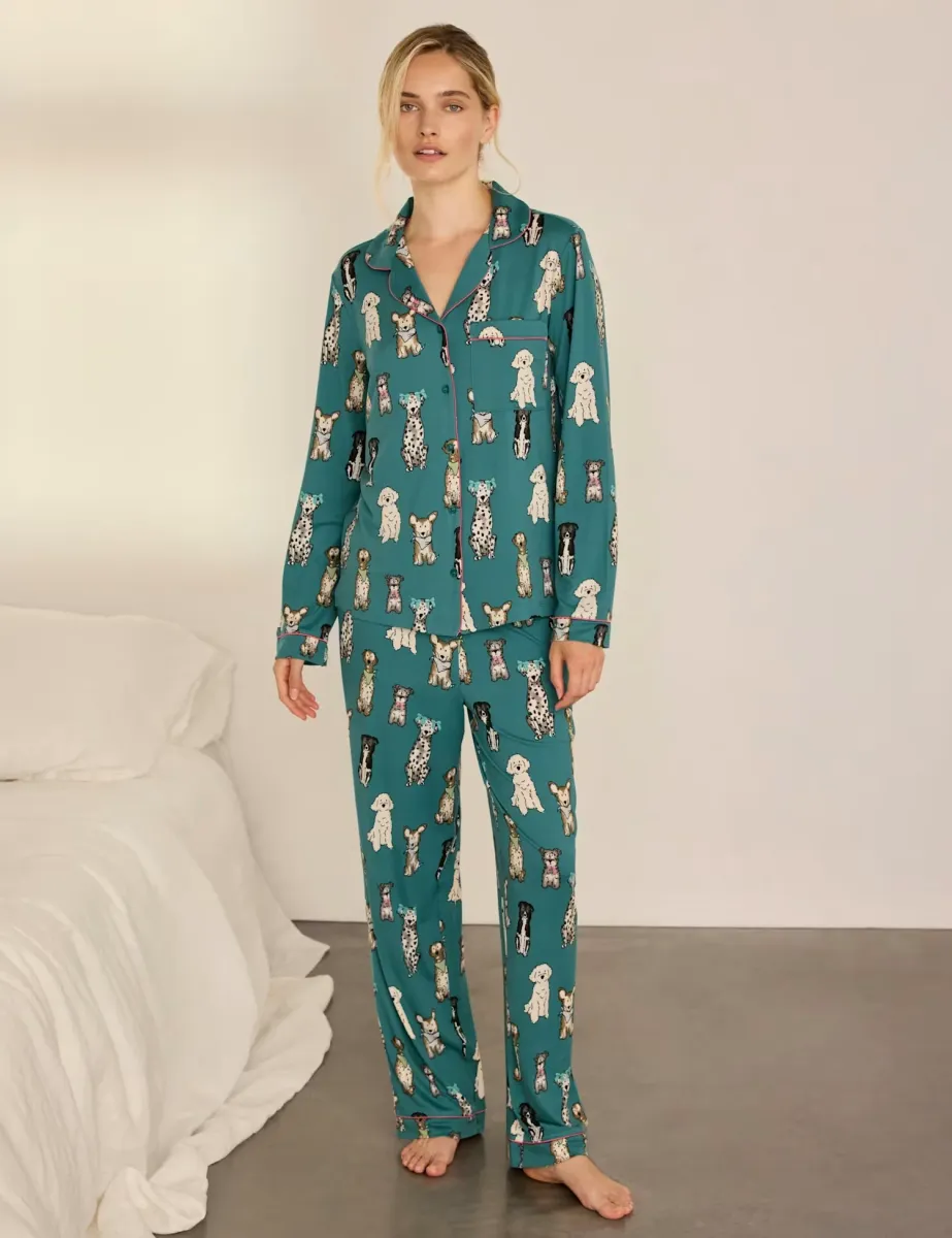 Dog Print Button up Jersey Pyjamas Teal